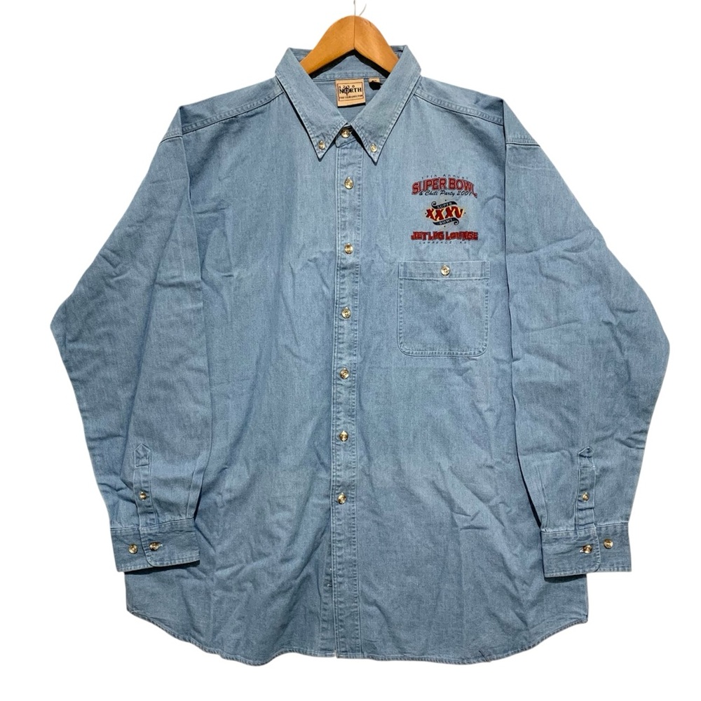 Vintage 1250 North Men's Blue Denim Long Sleeve Shirt Super Bowl XXV Size XXL
